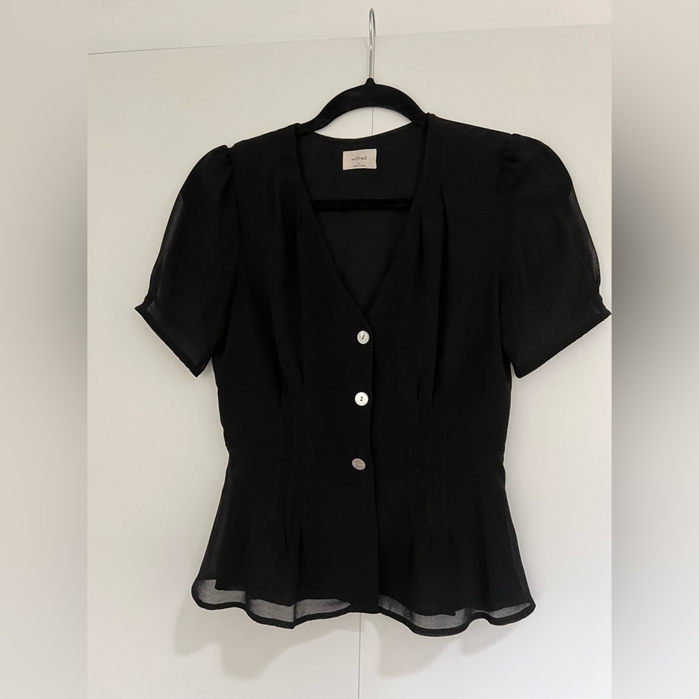 Aritzia/Wilfred Black Chiffon Button-Up with Peplum Waist Women's Top